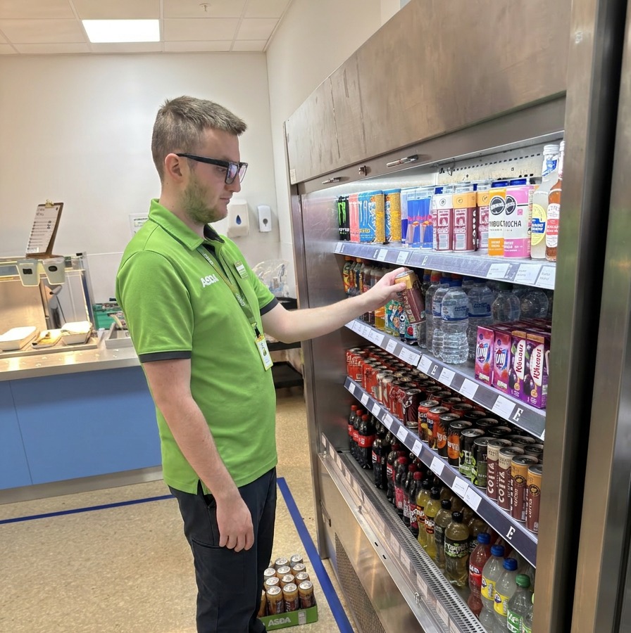 Young person smiling confidently in a workplace setting
